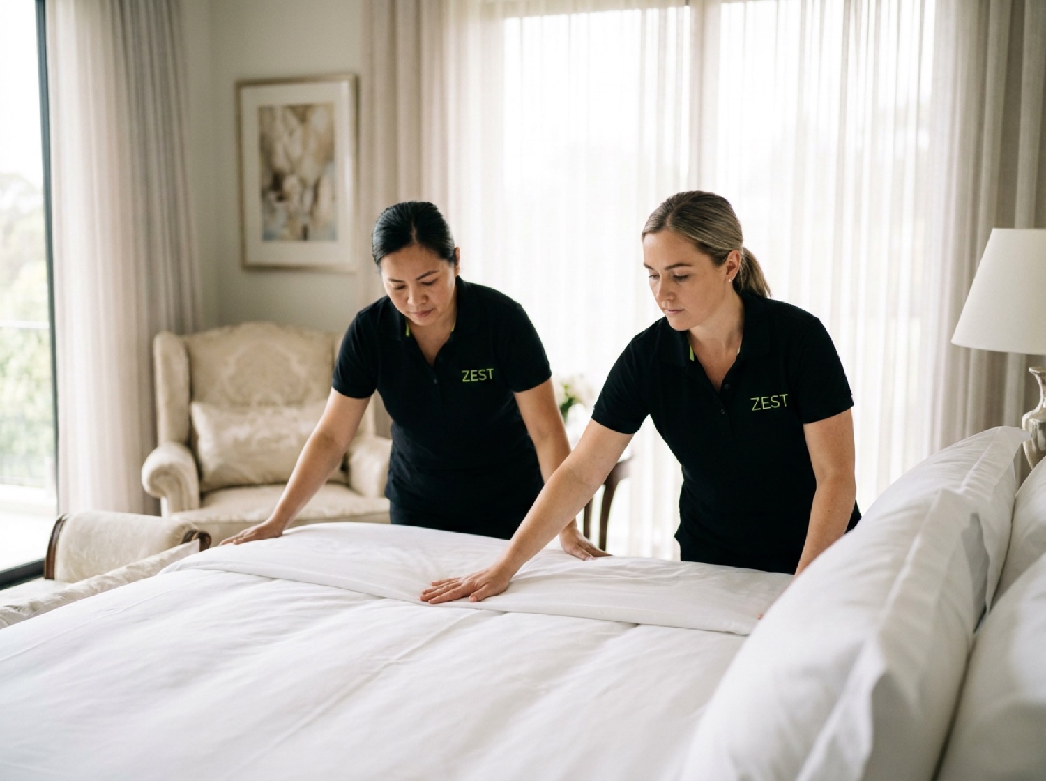 Zest cleaners making up a bed in a freshly cleaned home